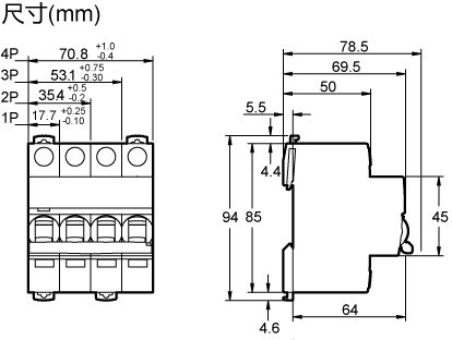 施耐德IC65N 1P C4A微型断路器尺寸图
